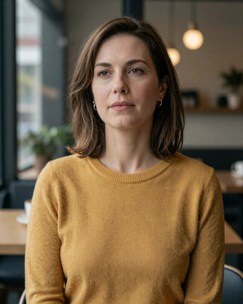 Brown-haired woman in a mustard sweater illustrating an honest LiliDate user reviewing pros and cons