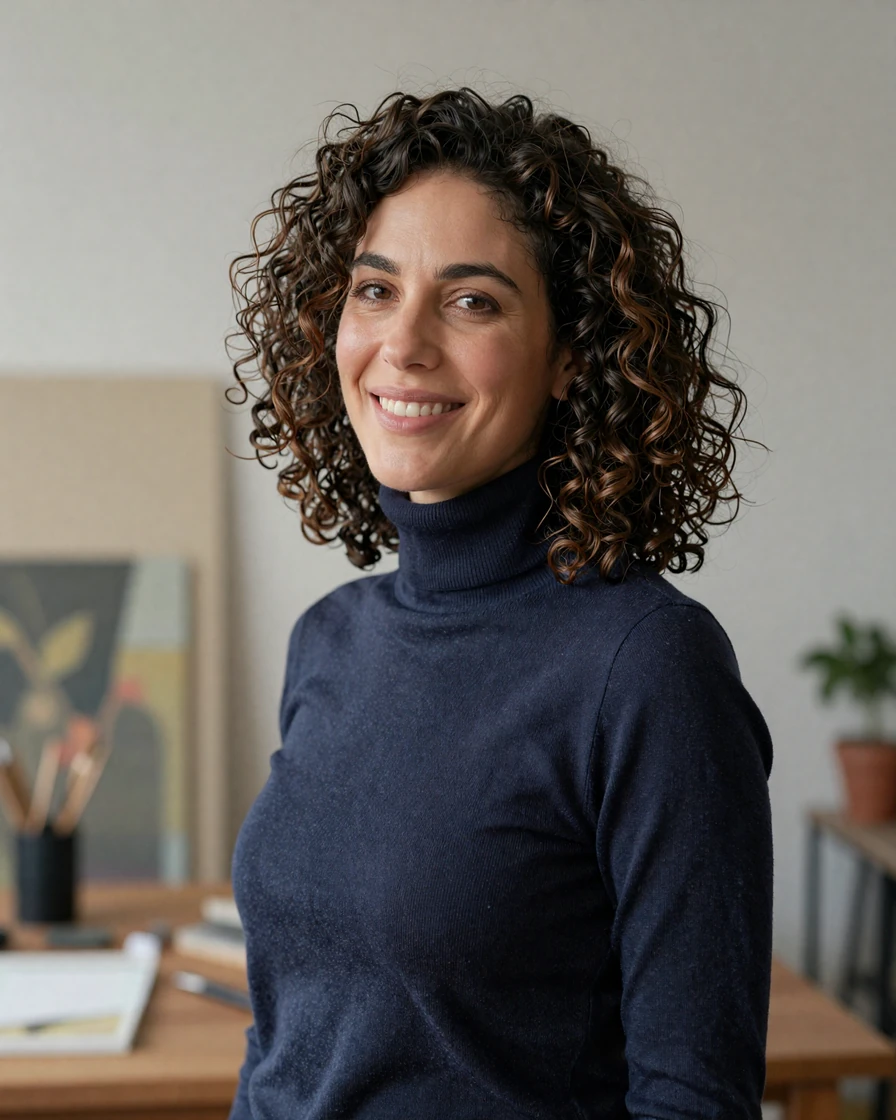 Curly-haired woman in a navy turtleneck representing a creative-industry LiliDate user persona
