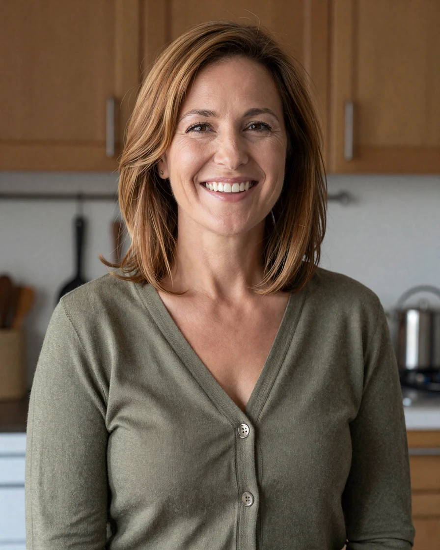 Chestnut-haired woman in an olive cardigan representing a recently divorced parent dating persona