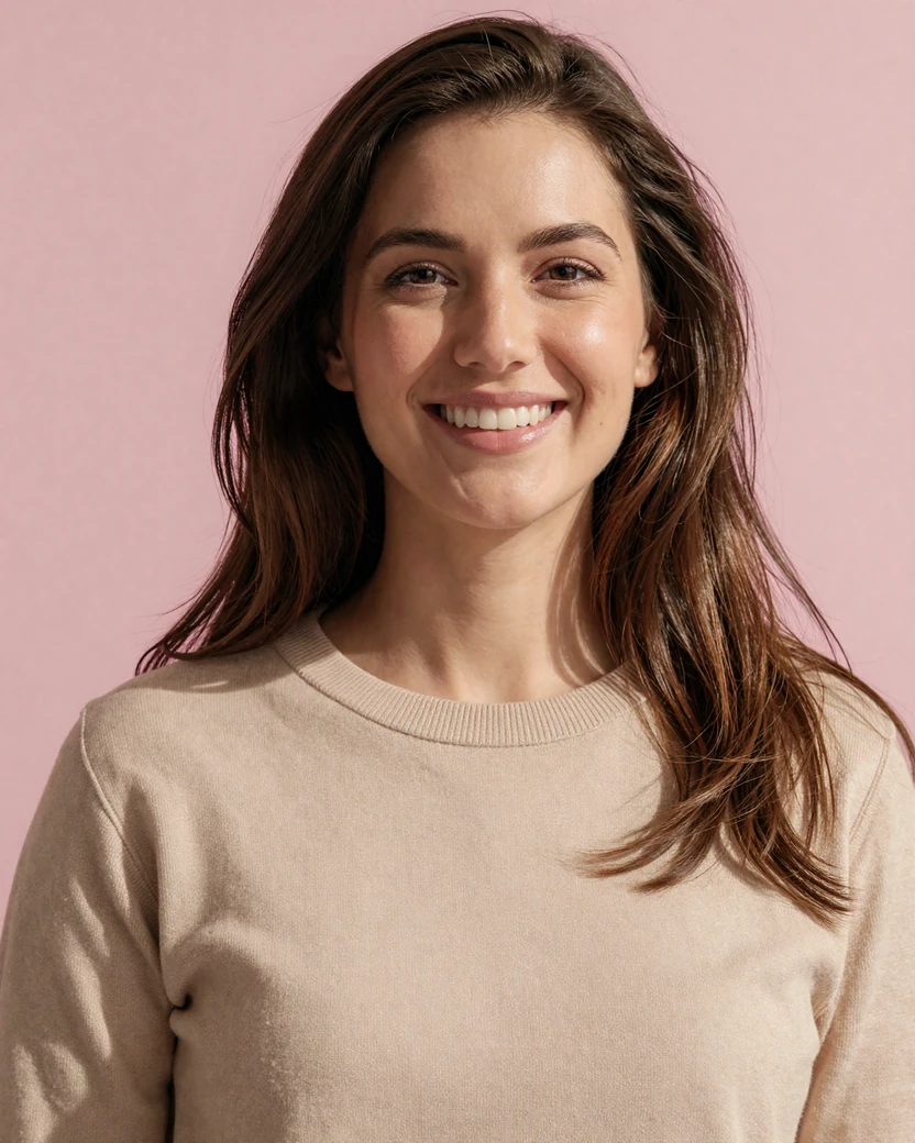 Smiling brunette woman in a beige sweater illustrating a typical LiliDate user persona for our review