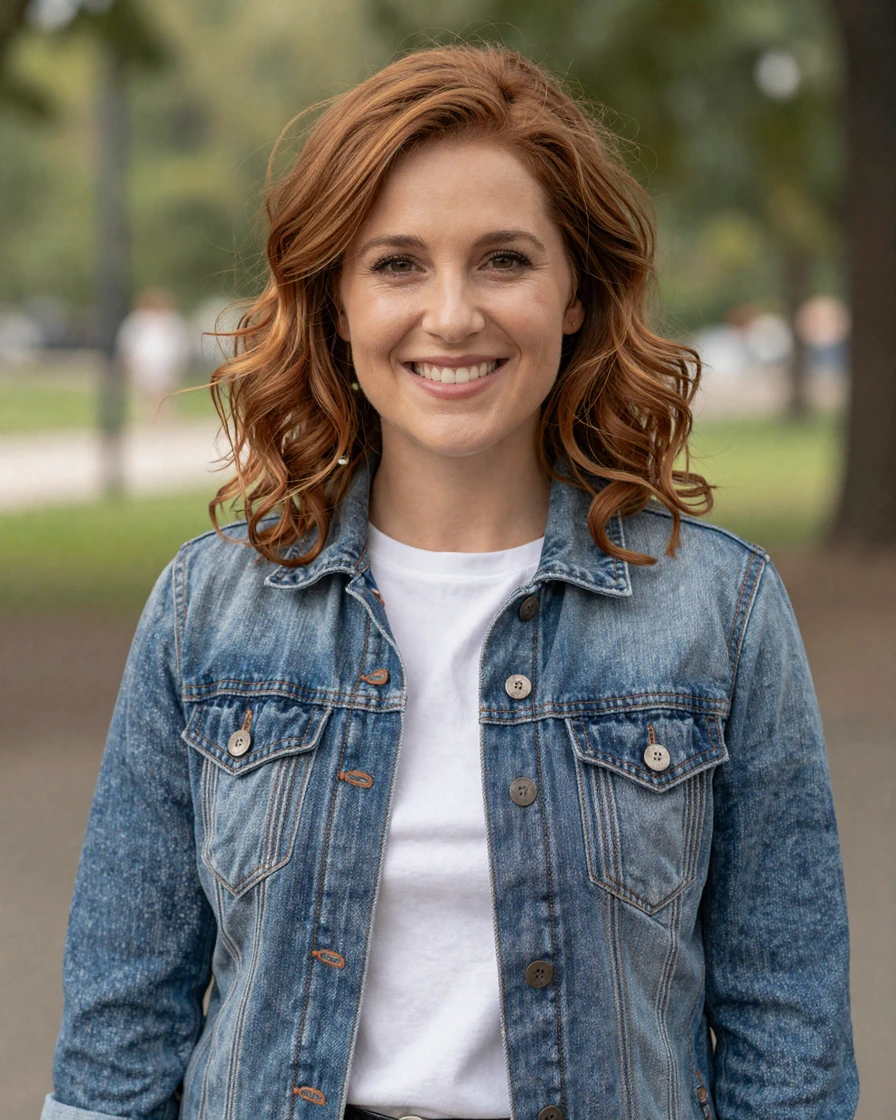 Auburn-haired woman in a denim jacket representing a typical urban professional dating site user