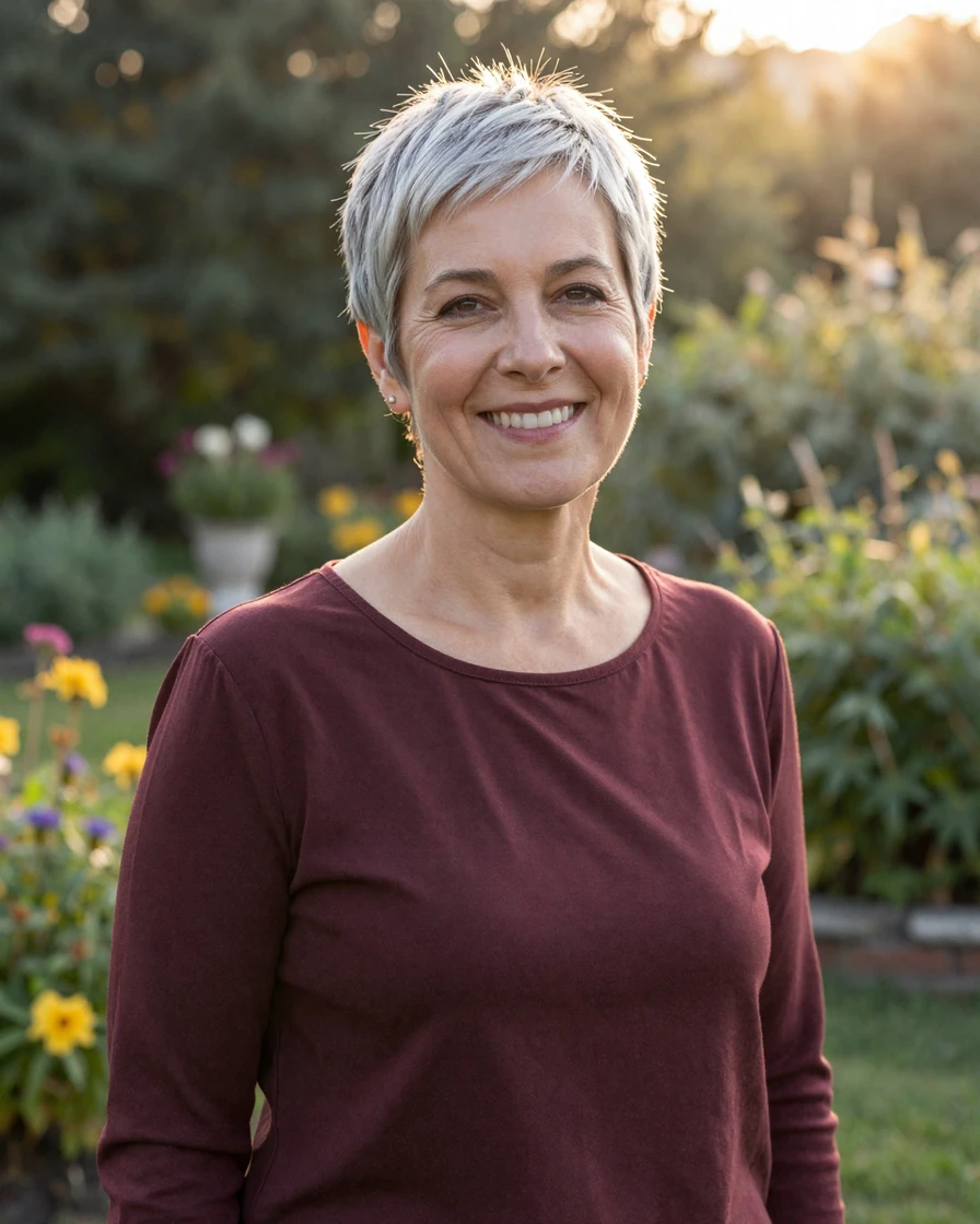 Silver-haired woman in a burgundy blouse representing a 50-plus dating persona on LiliDate