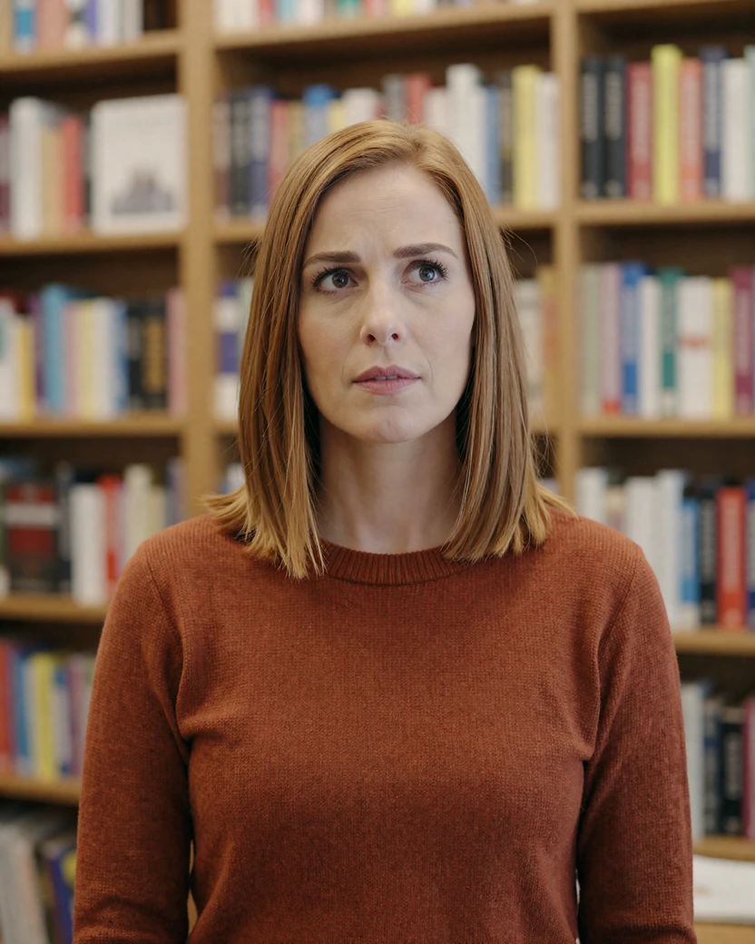 Auburn-haired woman in a rust sweater illustrating a user asking common LiliDate questions