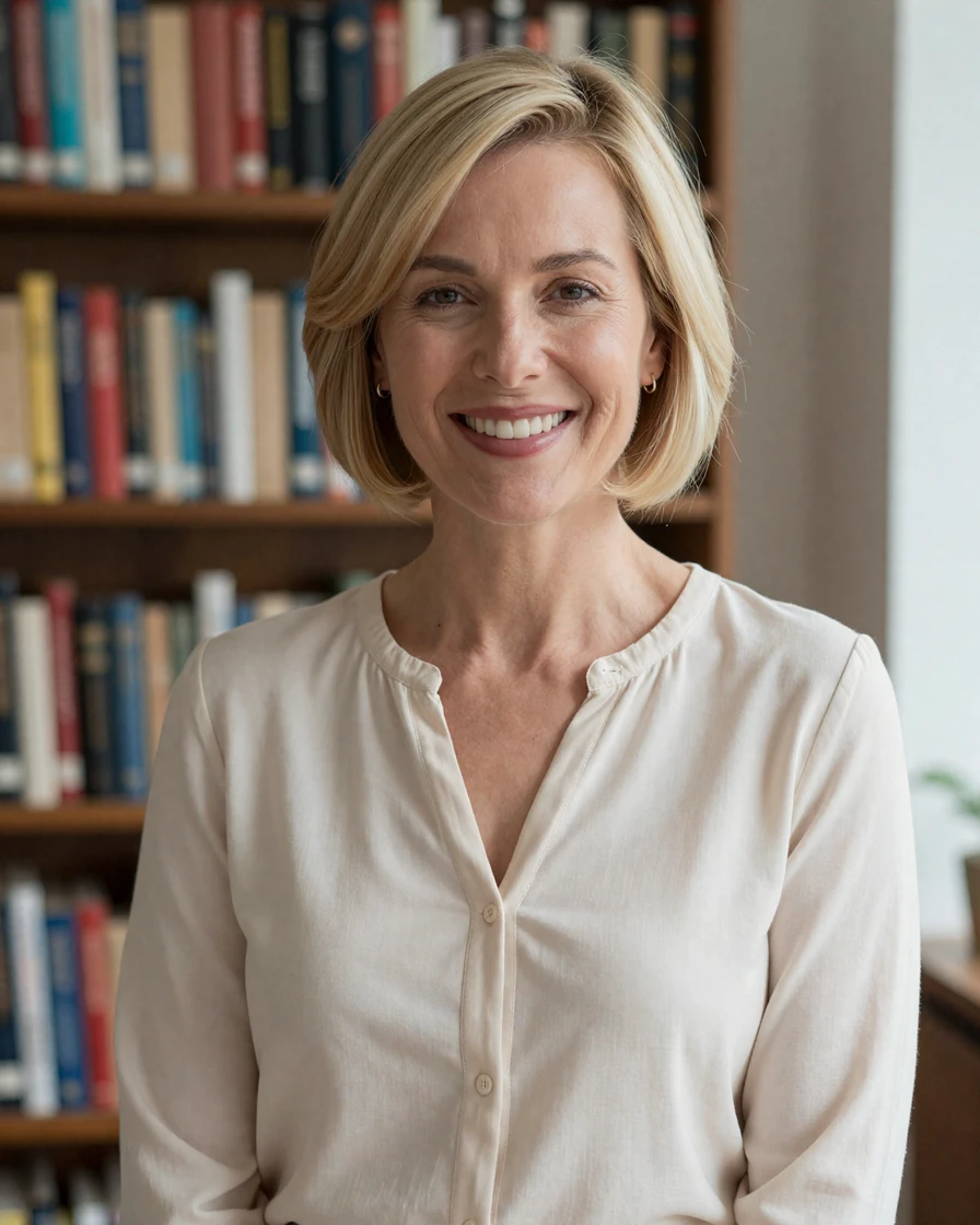 Blonde woman in a cream blouse representing a marriage-minded LiliDate user persona