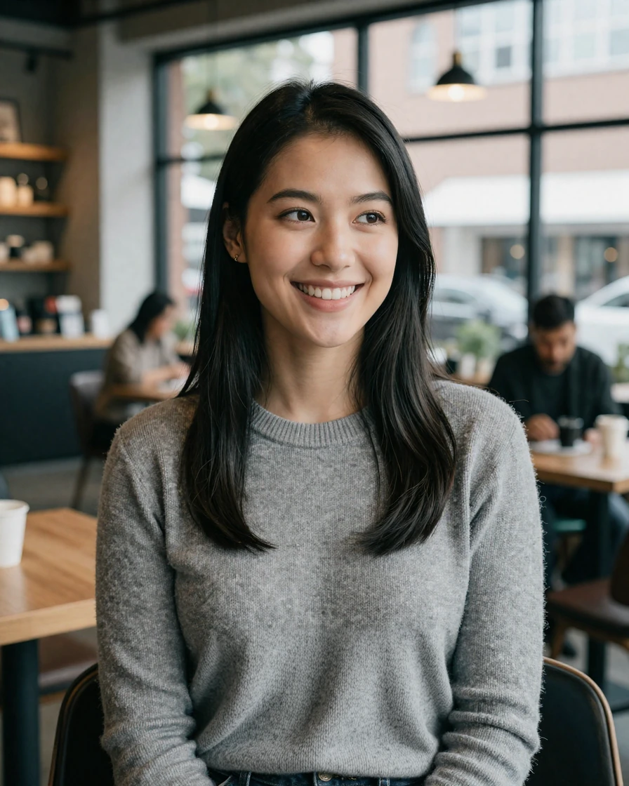 Dark-haired woman in a gray knit sweater representing an expat dater persona for international matching